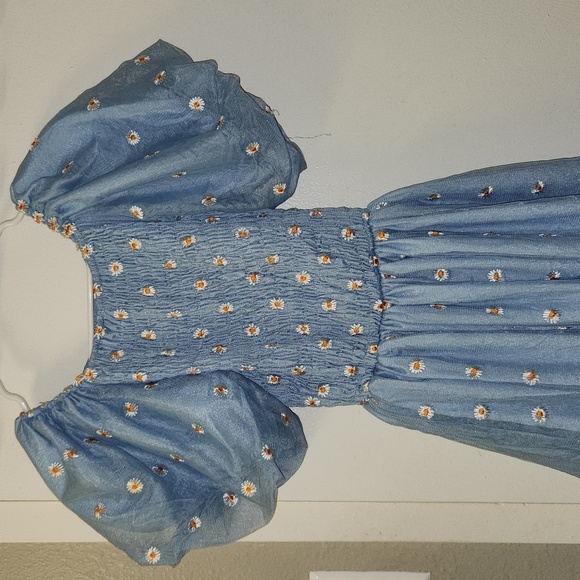 Shein beautiful baby blue daisy shirred frill mesh midi dress size Small - Picture 3 of 7